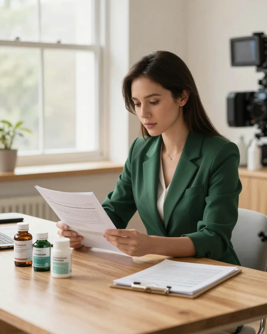 Professional health journalist reviewing clinical studies on a clean wooden desk with natural window light, editorial ph